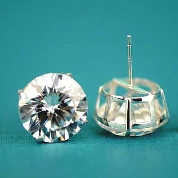 Solid 14k White Gold Heavy Basket Set Earrings w/AAA Quality White Stone Sz 9mm